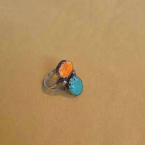 Vintage Navajo Native American Ring w/ Turquoise & Orange Spiny Oyster or Coral